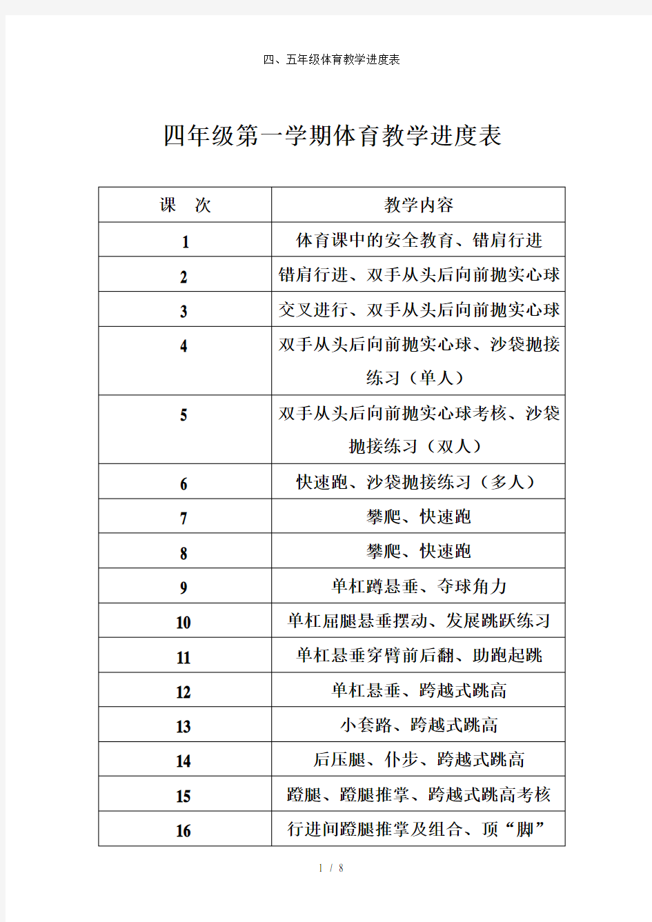 四、五年级体育教学进度表