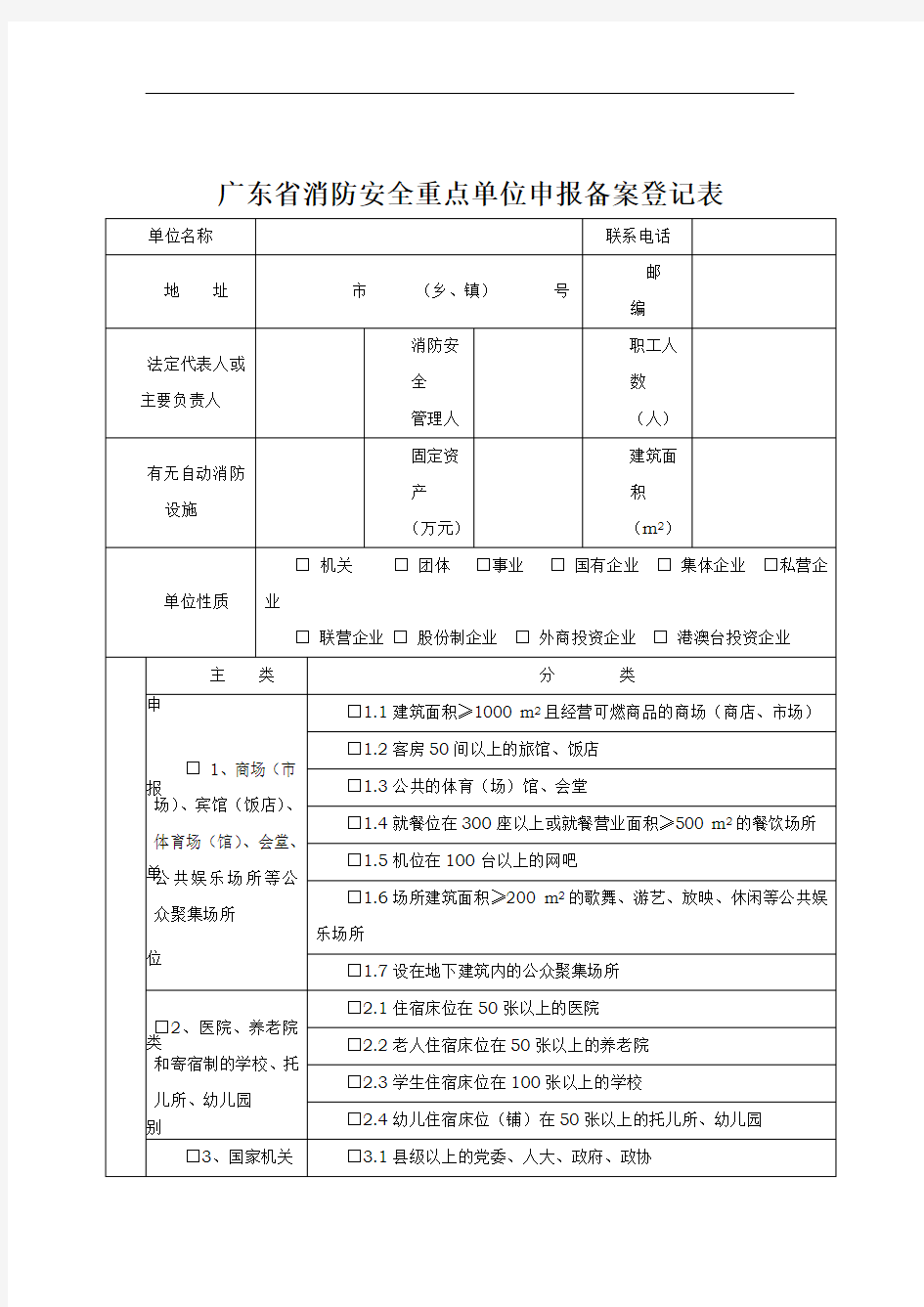 广东省消防安全重点单位申报备案登记表