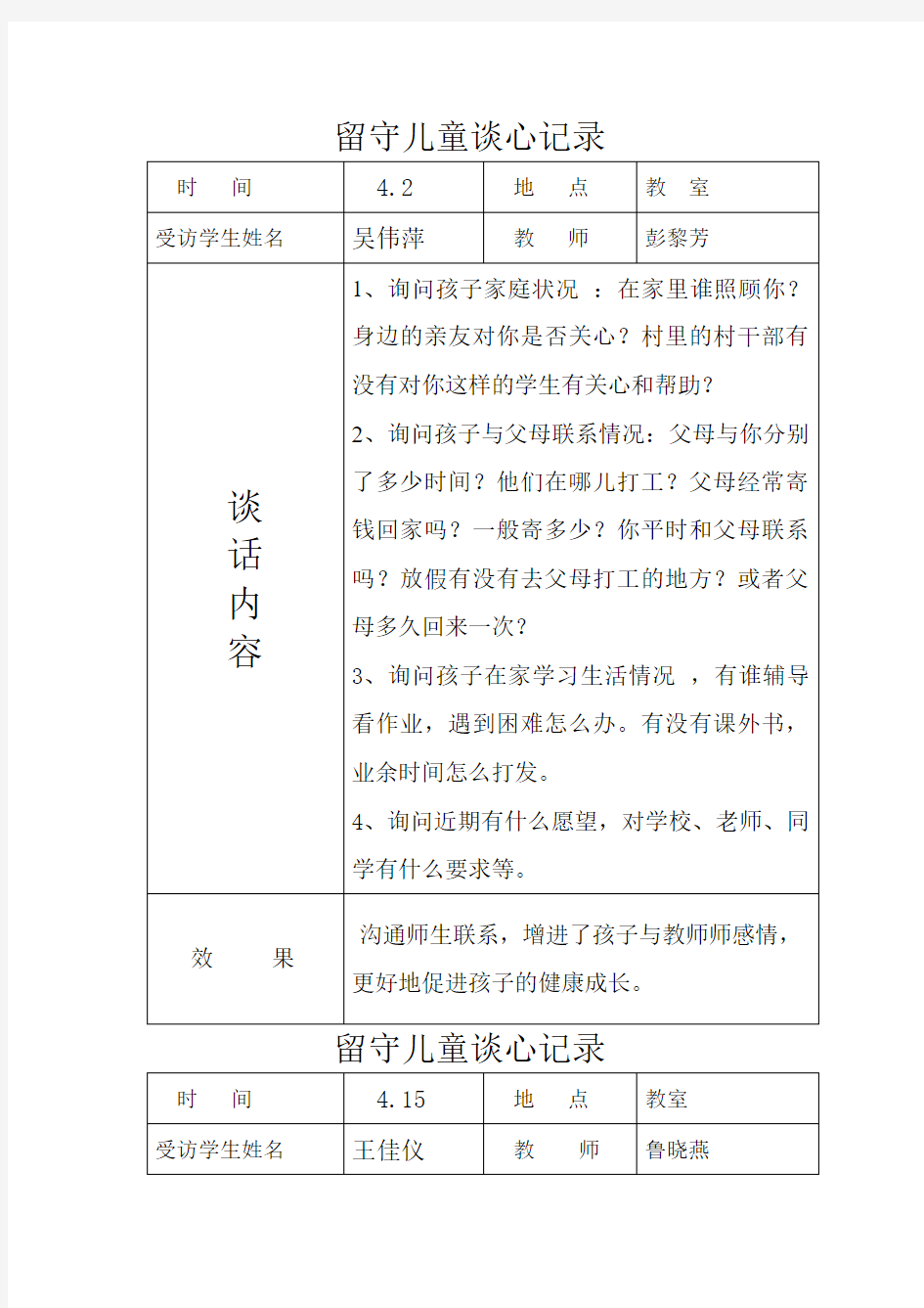 留守儿童交心谈心记录