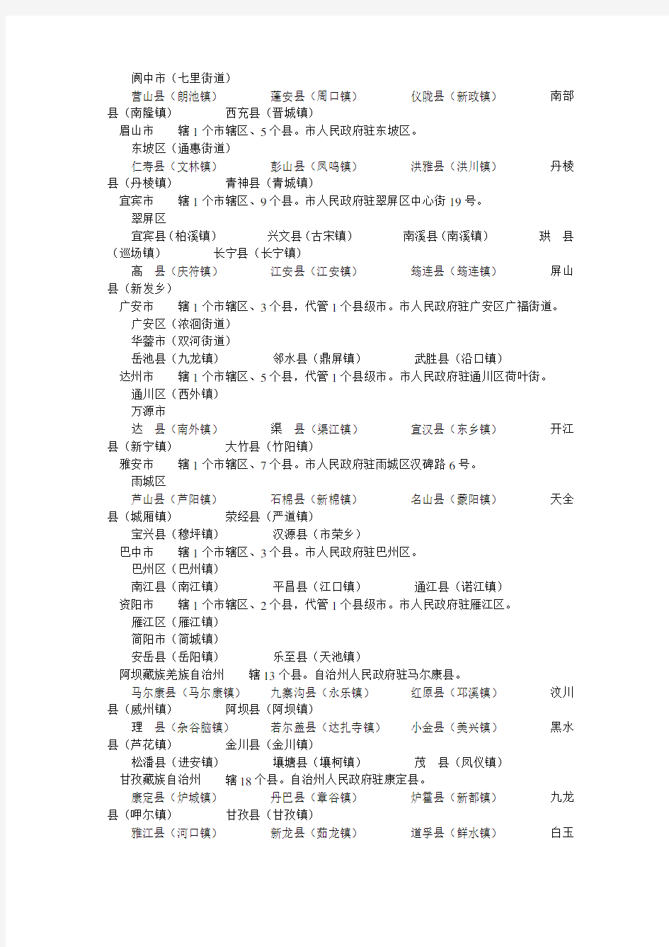 四 川 省 县 级 市 行 政 区 域 规 划 表