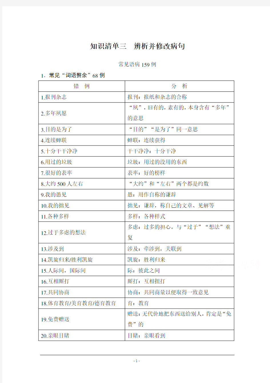 2021届新高考语文一轮总复习教学案：知识清单三 辨析并修改病句 Word版含解析