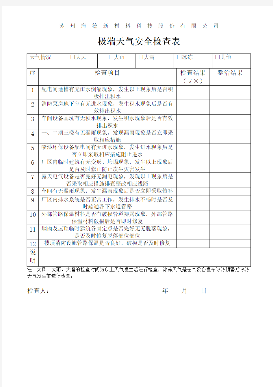 极端天气安全检查表