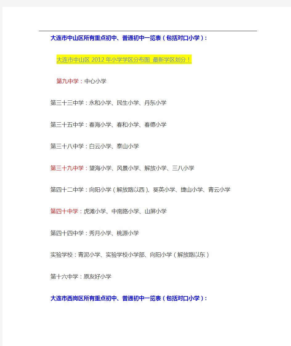 大连市所有重点初中、普通初中一览表