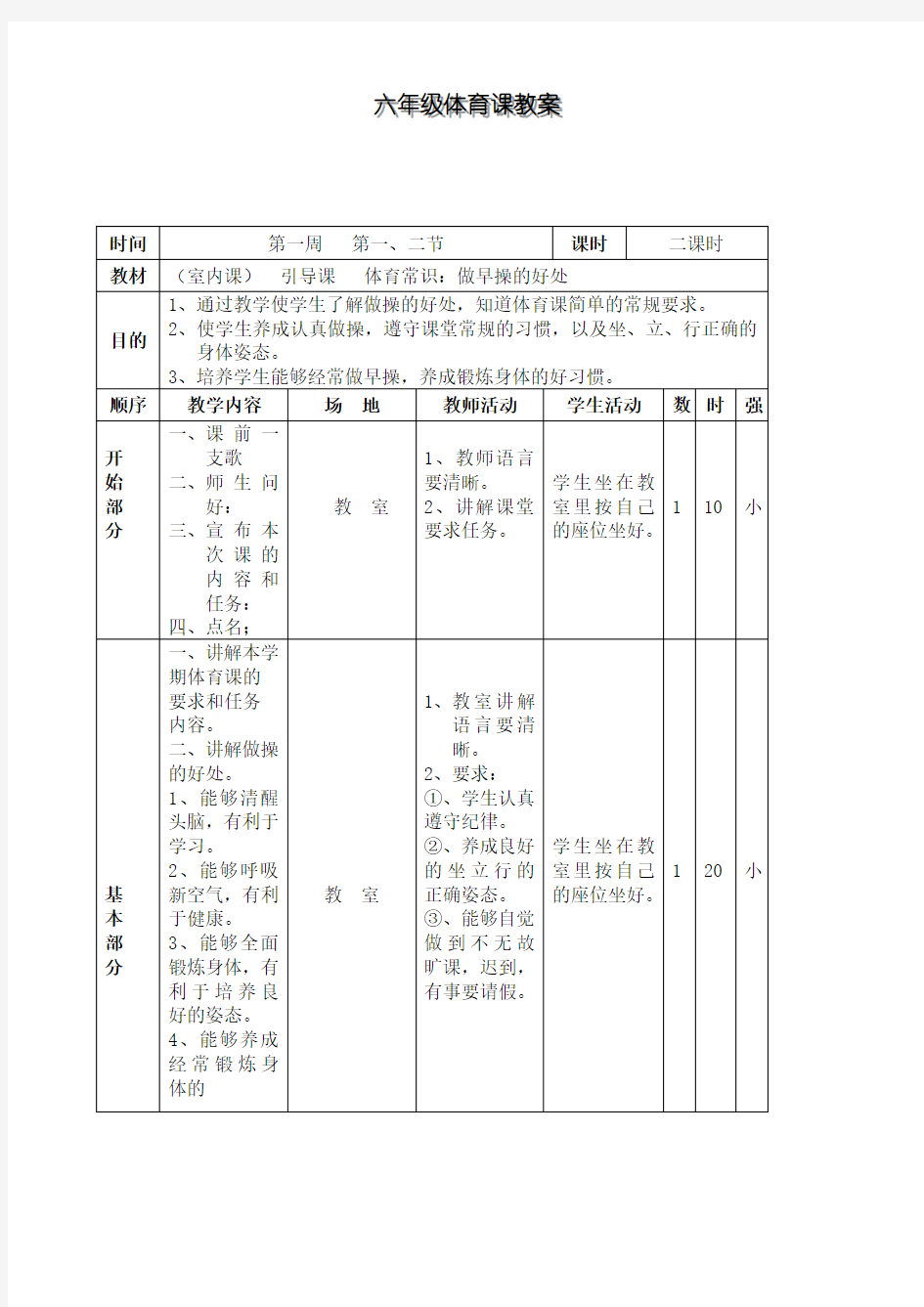 六年级体育课教案(1)