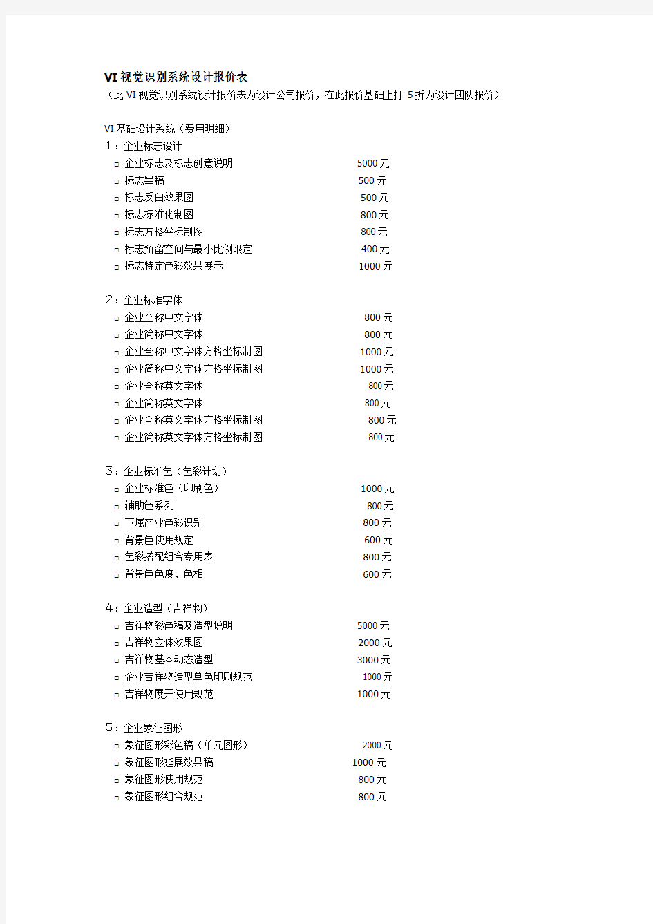 VI视觉识别系统设计报价表