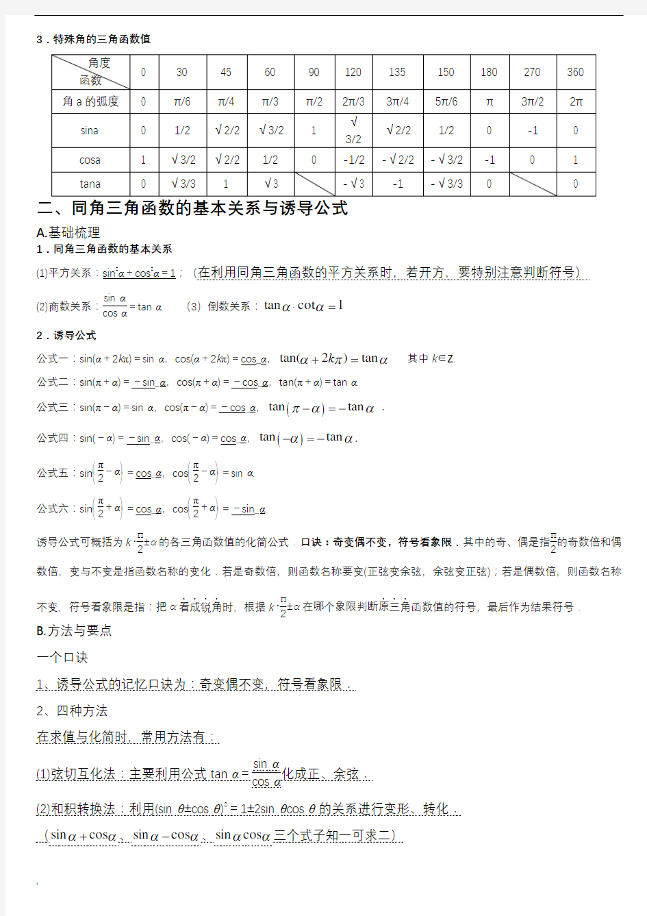 三角函数知识点归纳总结