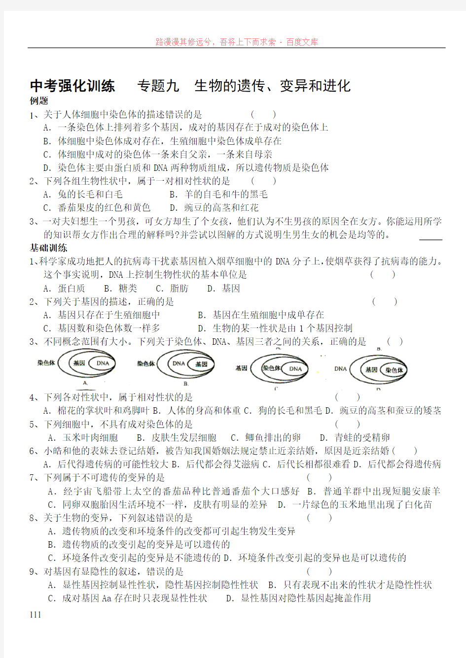 专题九生物的遗传、变异和进化训练