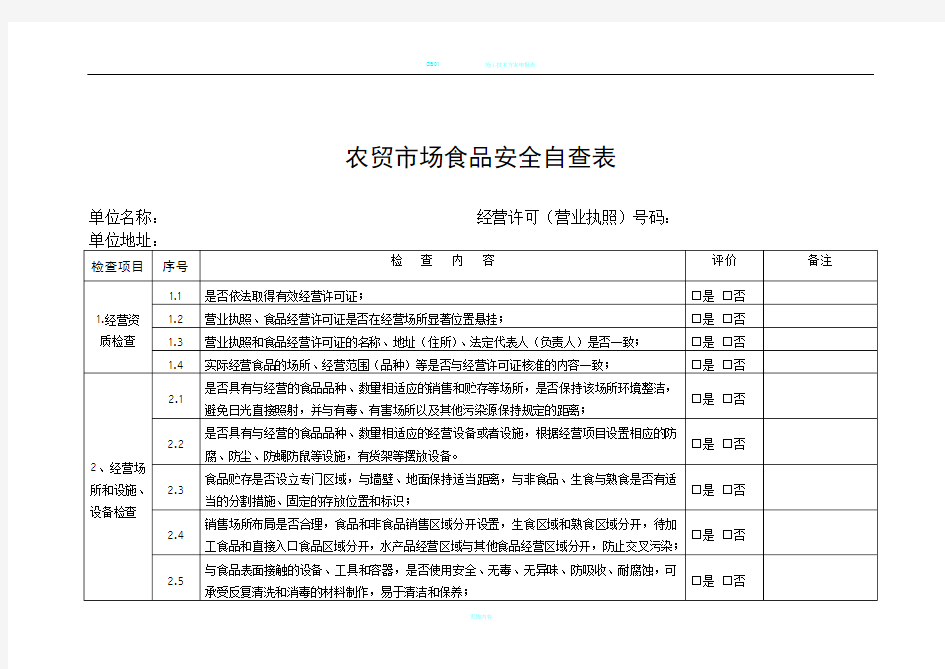 农贸市场食品安全自查表