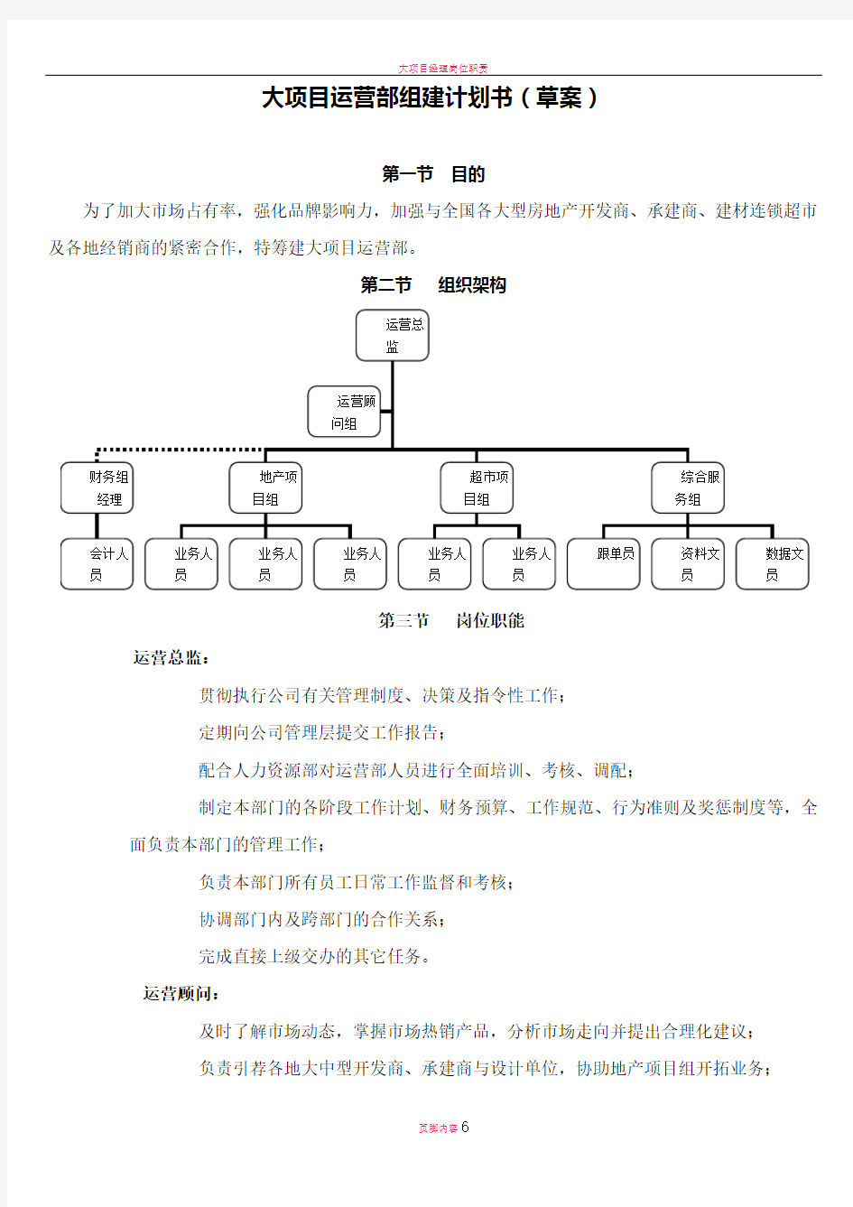 大项目运营部组建计划书