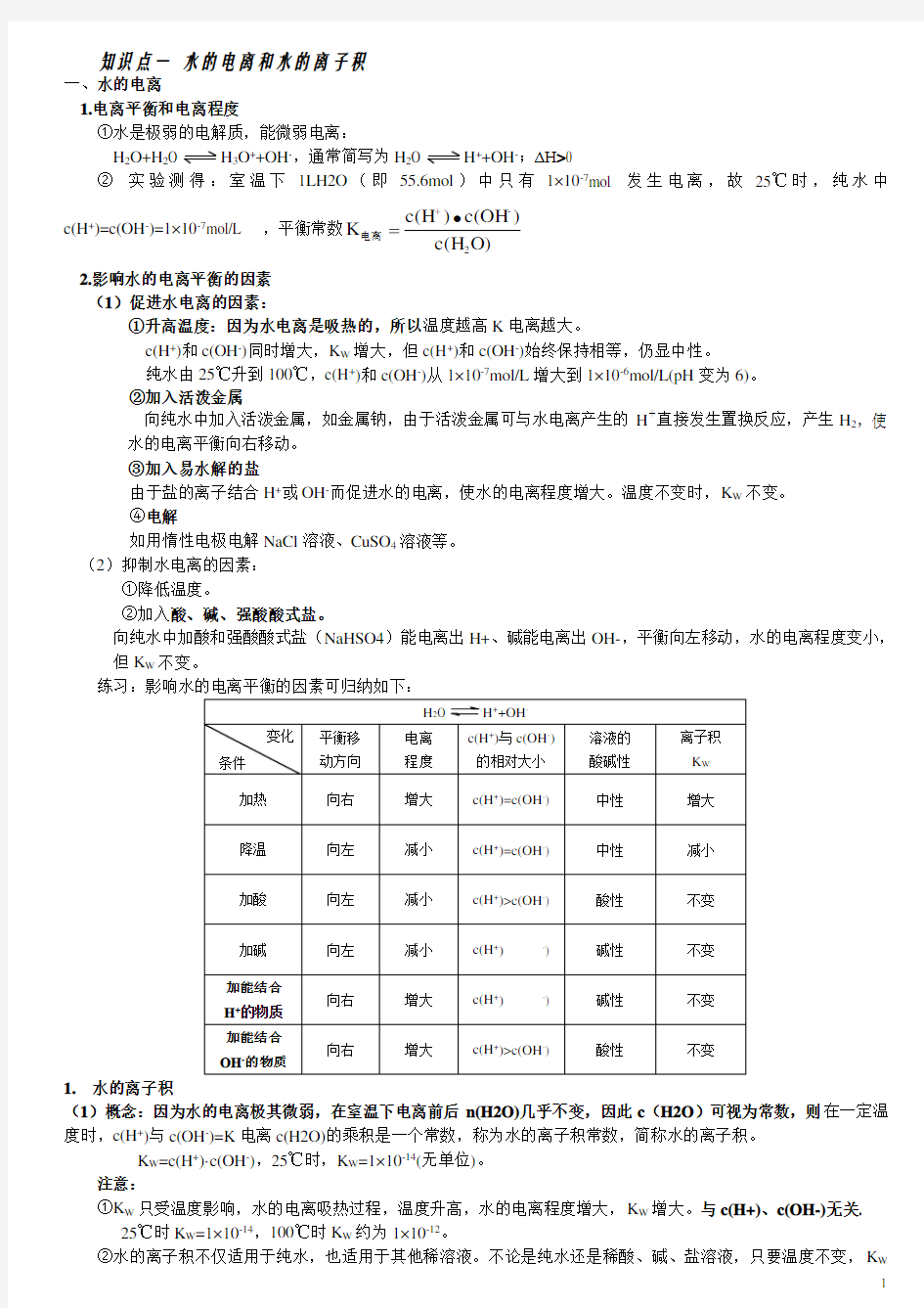 (完整版)水的电离和溶液的酸碱性知识点