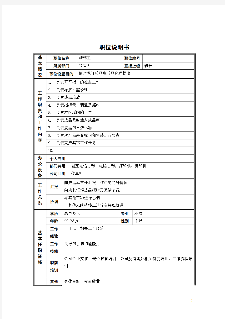 精整工岗位职责说明书