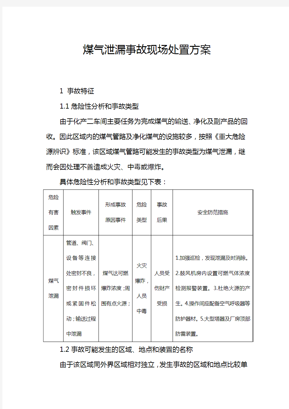 最新化产车间煤气泄漏现场处置方案