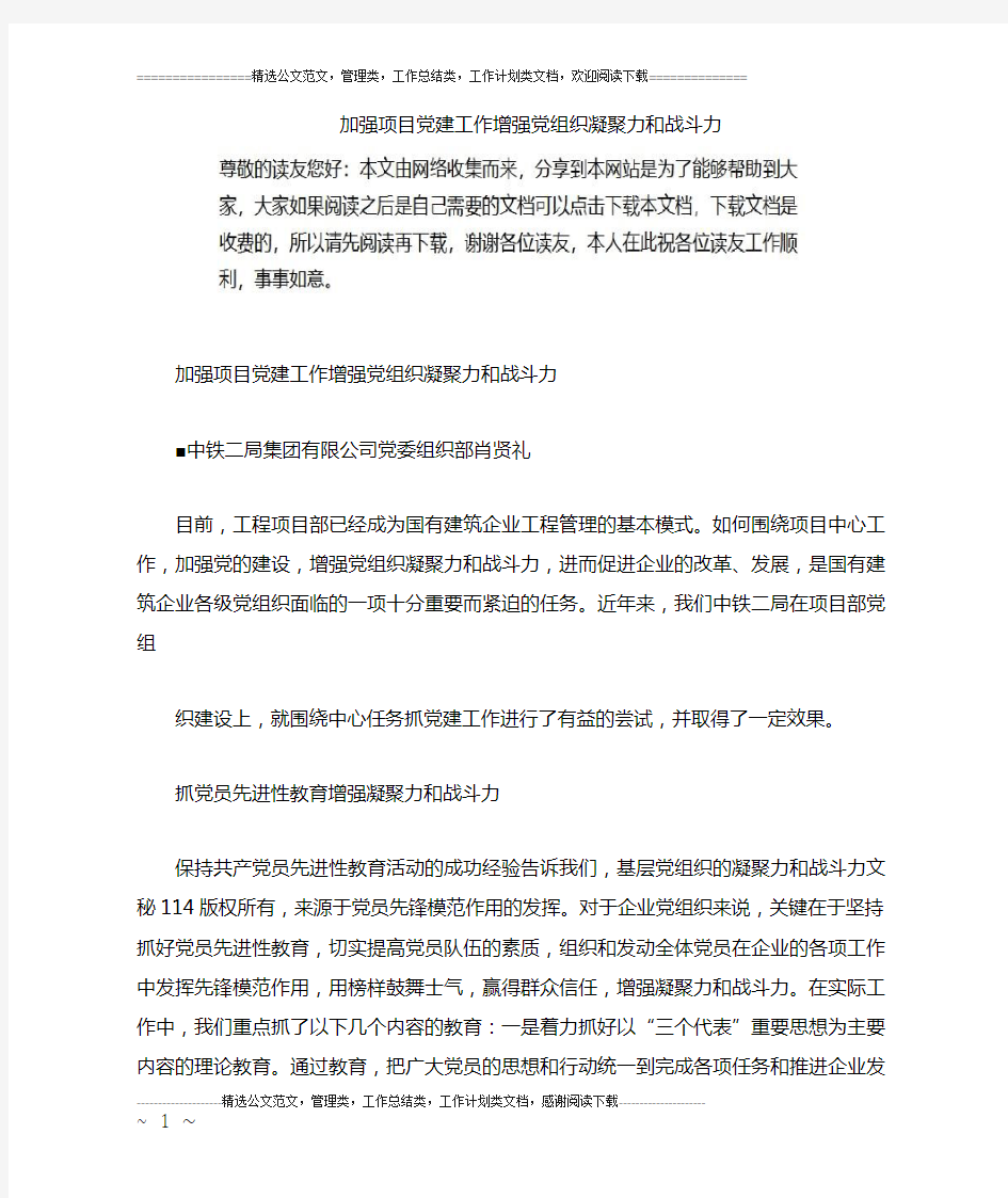 加强项目党建工作增强党组织凝聚力和战斗力