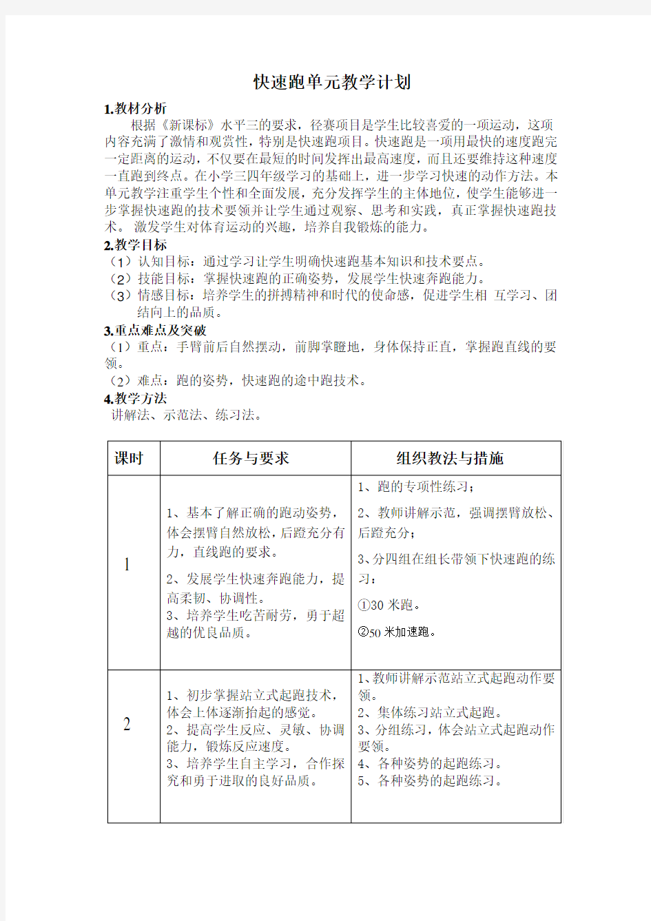 快速跑单元计划及教案