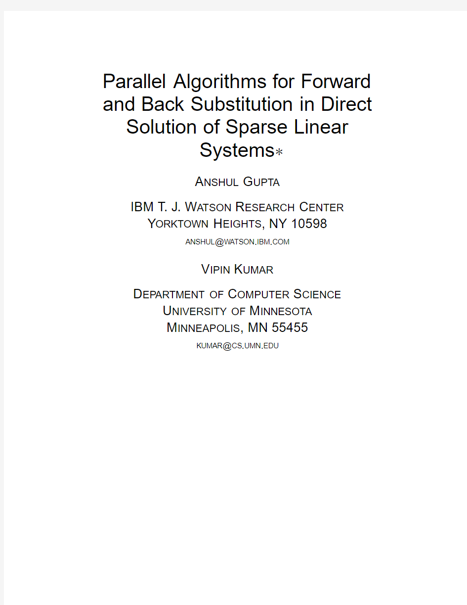 Parallel Algorithms for Forward and Back Substitution in Direct Solution of Sparse Linear S