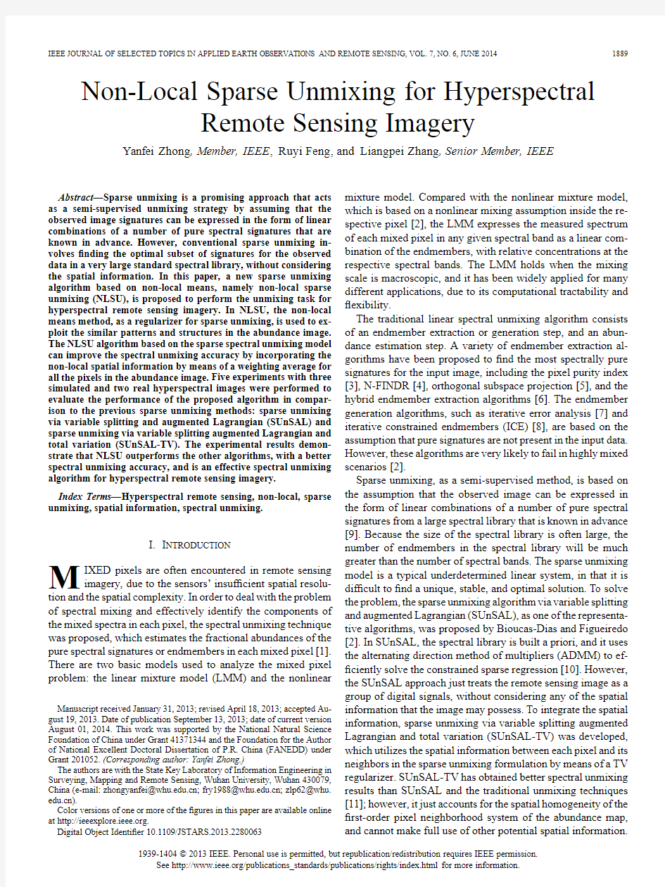 Non-local sparse unmixing for hyperspectral remote sensing imagery