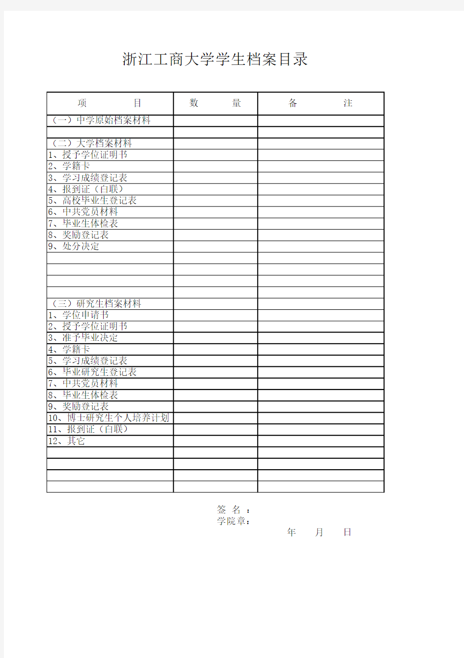 浙江工商大学学生档案目录-Sheet1