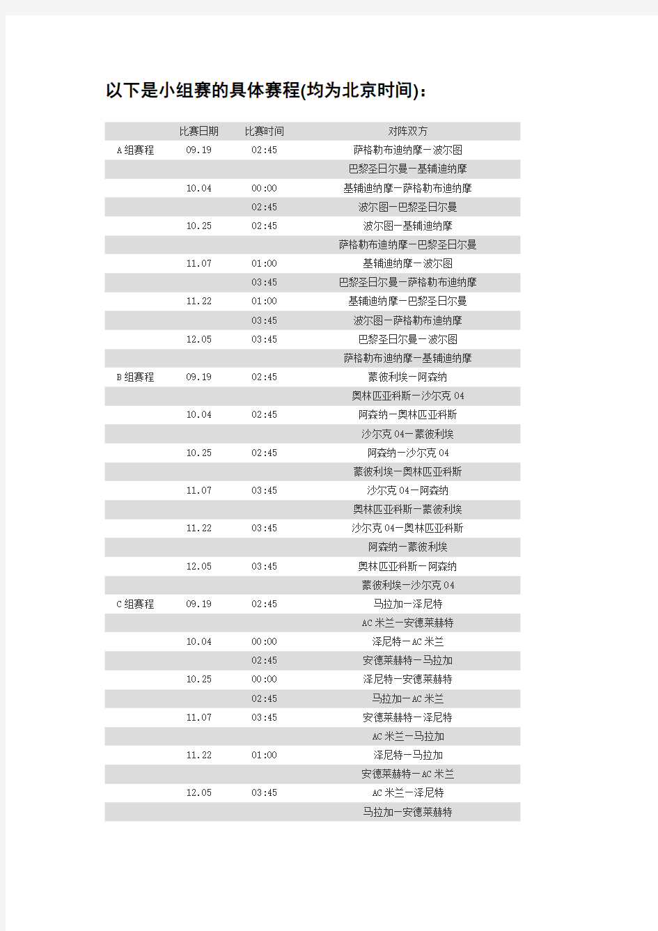 新赛季欧冠赛程表