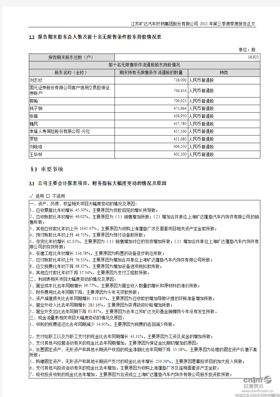江苏旷达汽车织物集团股份有限公司2011年第三季度季度报告正文