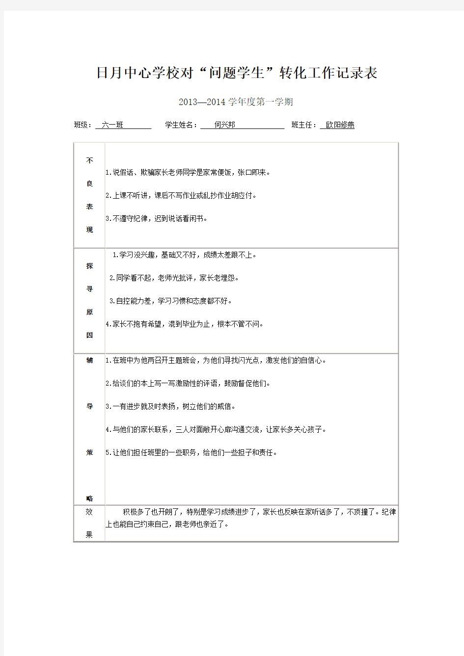 学校对“问题学生”转化工作记录表