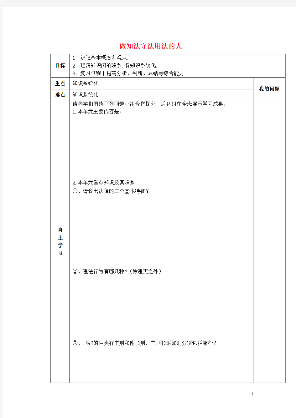 陕西省西安市交大阳光中学七年级政治下册 第四单元 做知法守法用法的人复习导学案(无答案) 新人教版