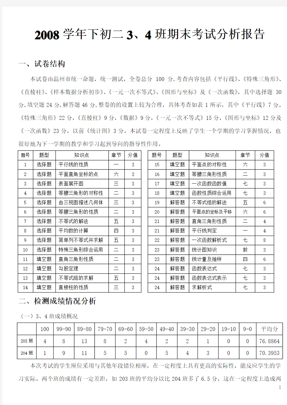 八年级3-4班期末数学考试分析报告