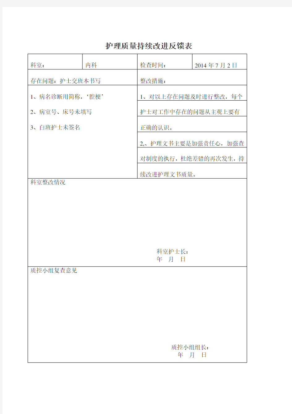 护理质量持续改进反馈表