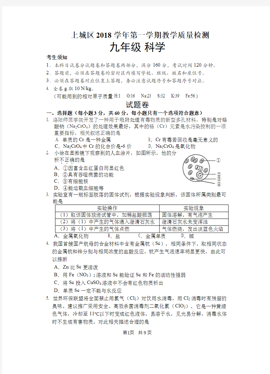 2018-2019学年上城区九年级上学期期末教学质量检测科学试卷