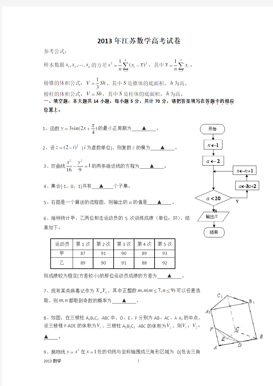 2013年江苏数学高考试卷含答案和解析