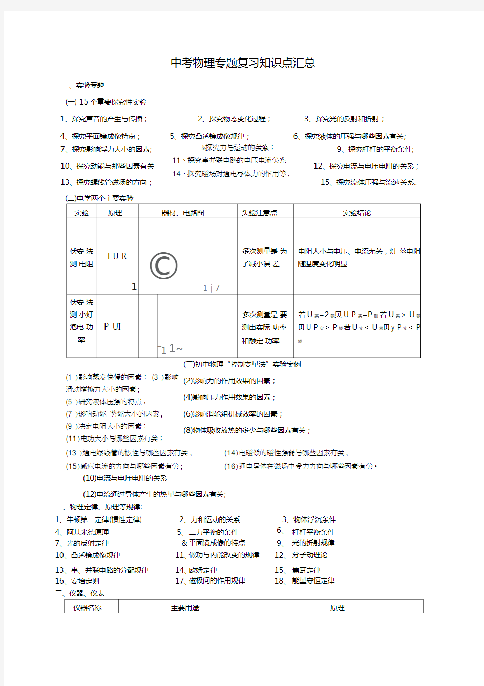 中考物理复习资料汇总