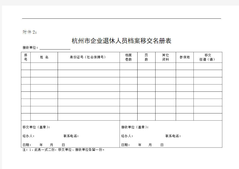 杭州市企业退休人员档案移交名册表
