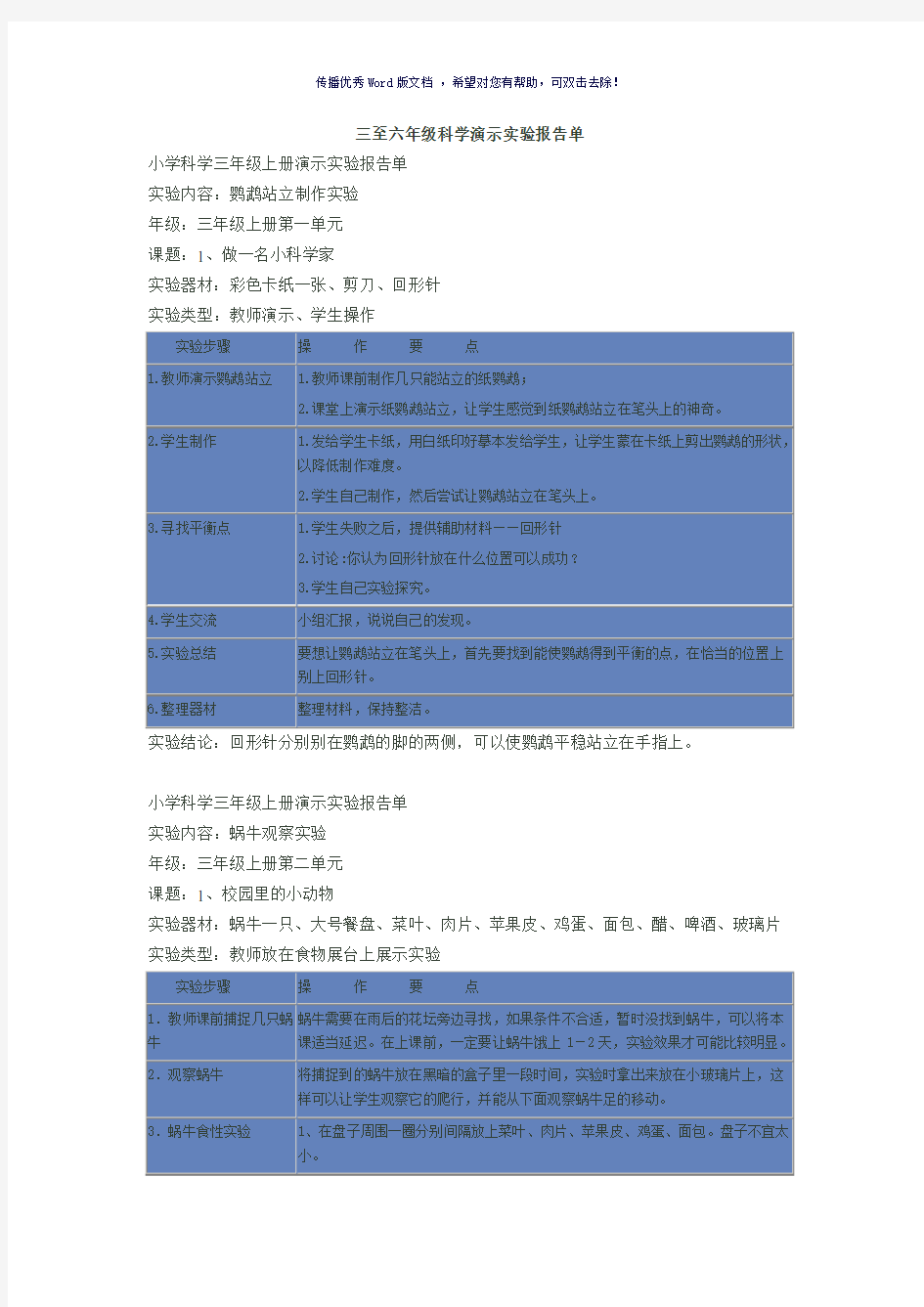 三至六年级科学演示实验报告单