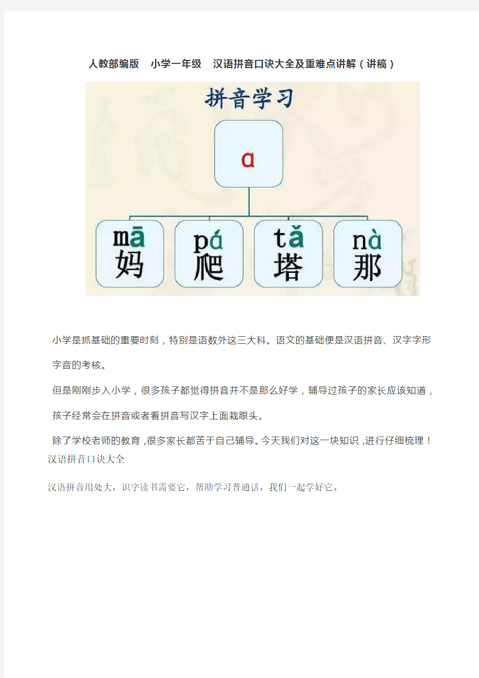 人教部编版小学一年级汉语拼音口诀大全及重难点讲解