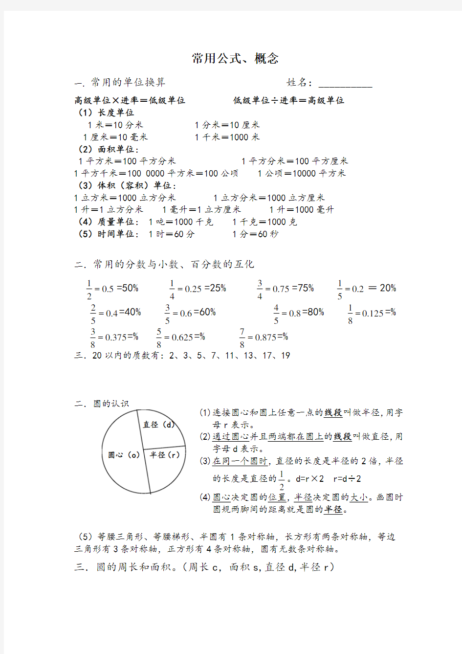 圆的周长和面积常用公式