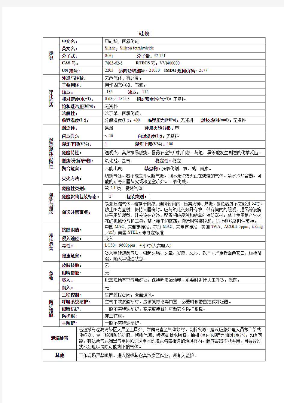 硅烷化学品安全技术说明书MSDS