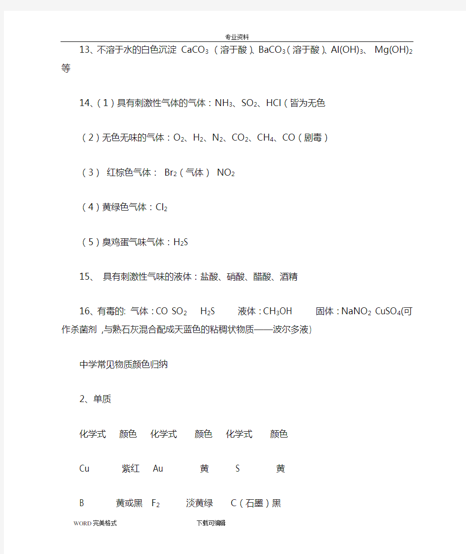 初中化学常见物质的颜色和特殊反应