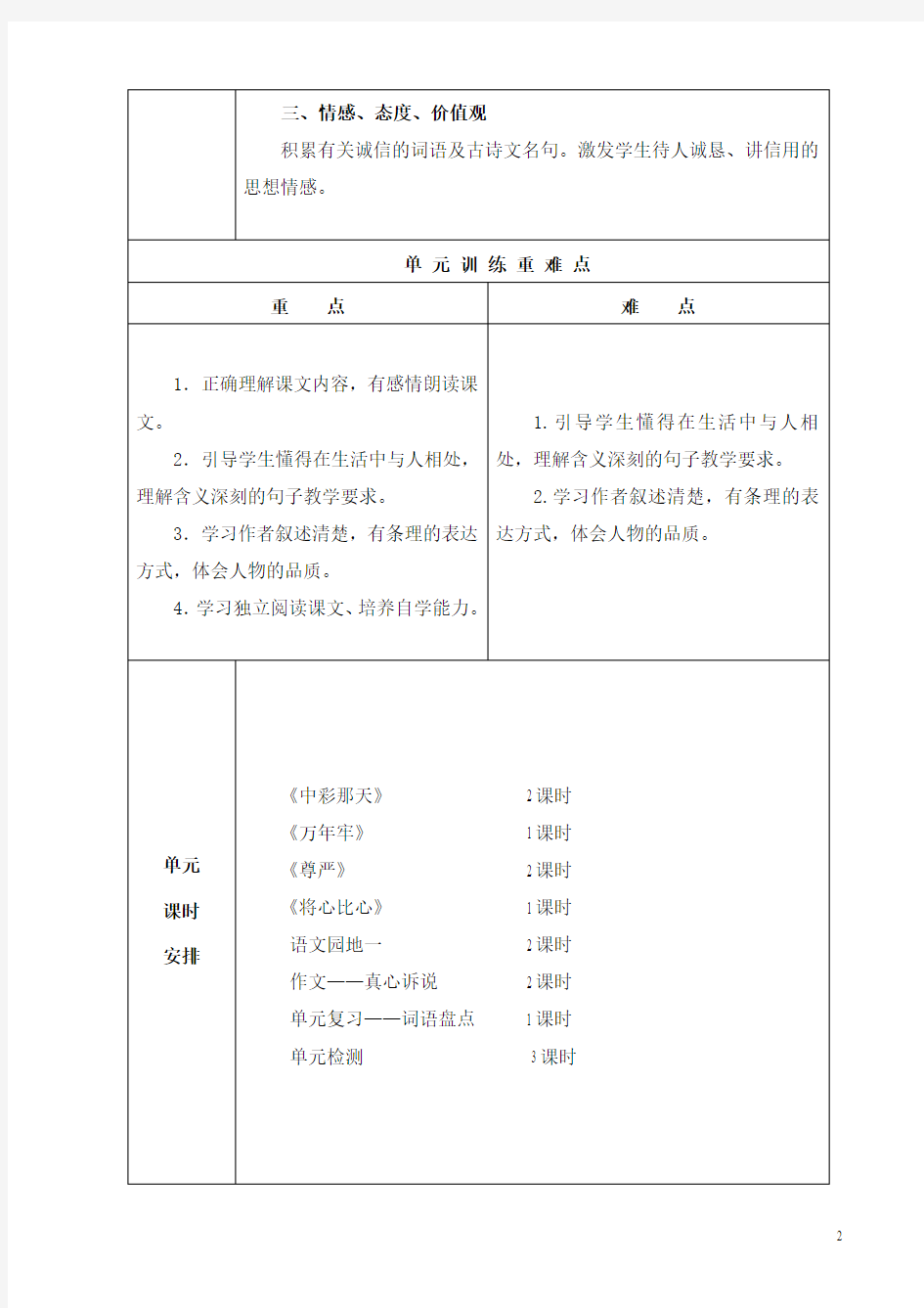人教版四年级下册语文第二单元教学设计(表格)