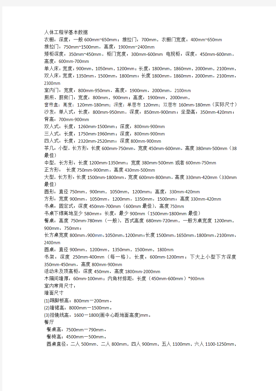 人体工程学基本数据