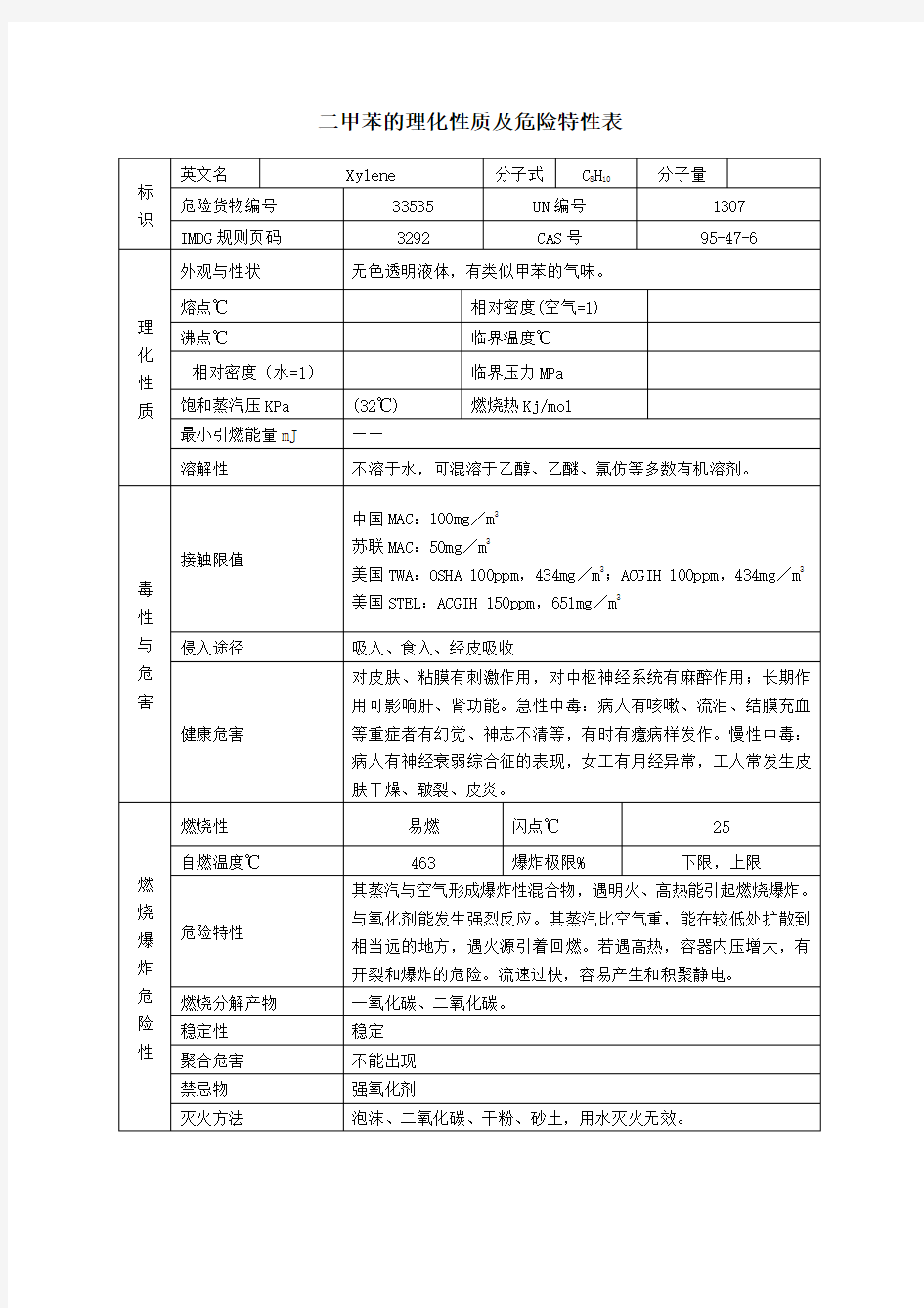 甲苯的理化性质及危险特性表