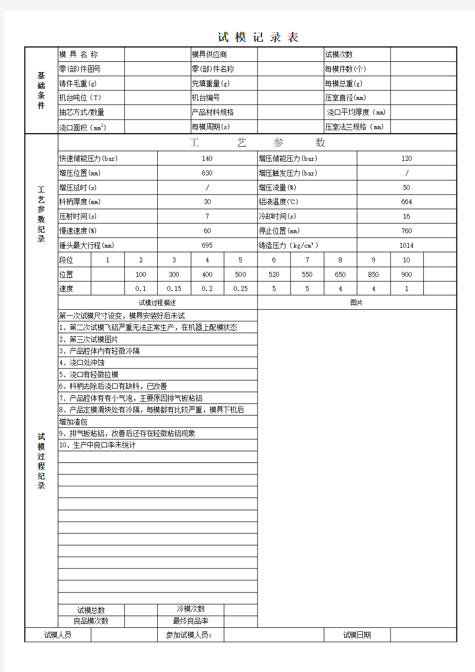 压铸试模记录表