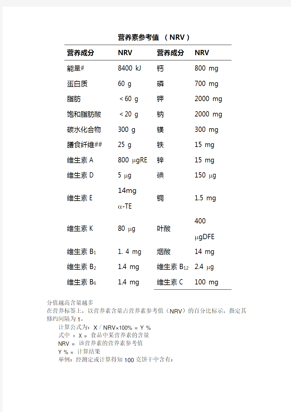 营养素参考值换算方法