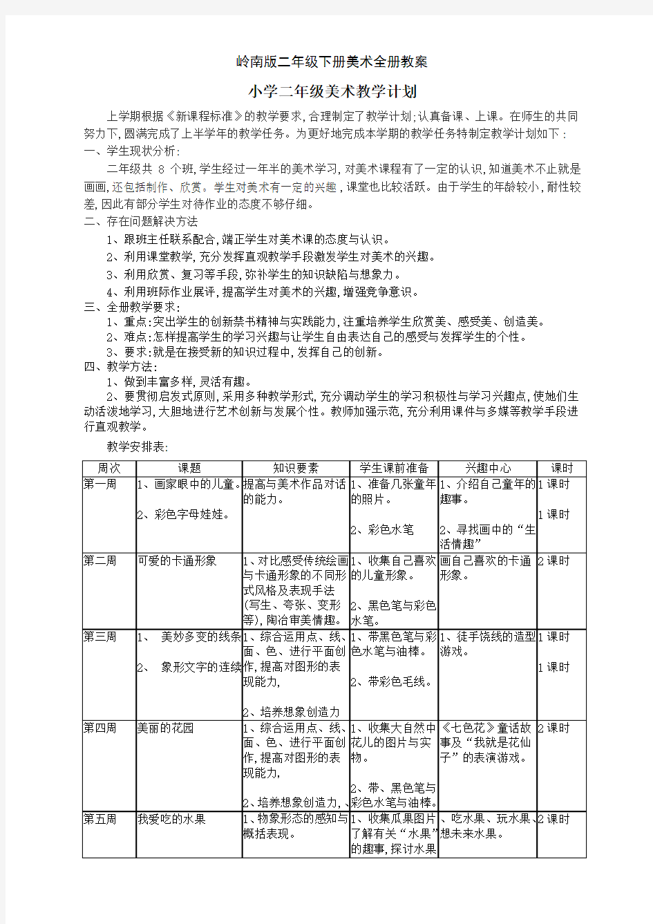 岭南版二年级下册美术全册教案