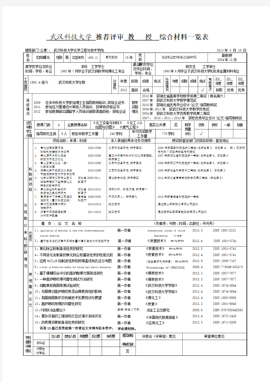 武汉科技大学推荐评审副教授综合材料一览表