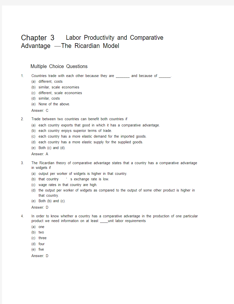 国际经济学作业答案第三章