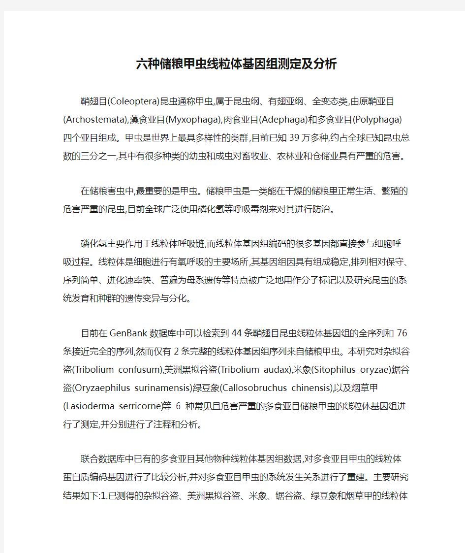 六种储粮甲虫线粒体基因组测定及分析