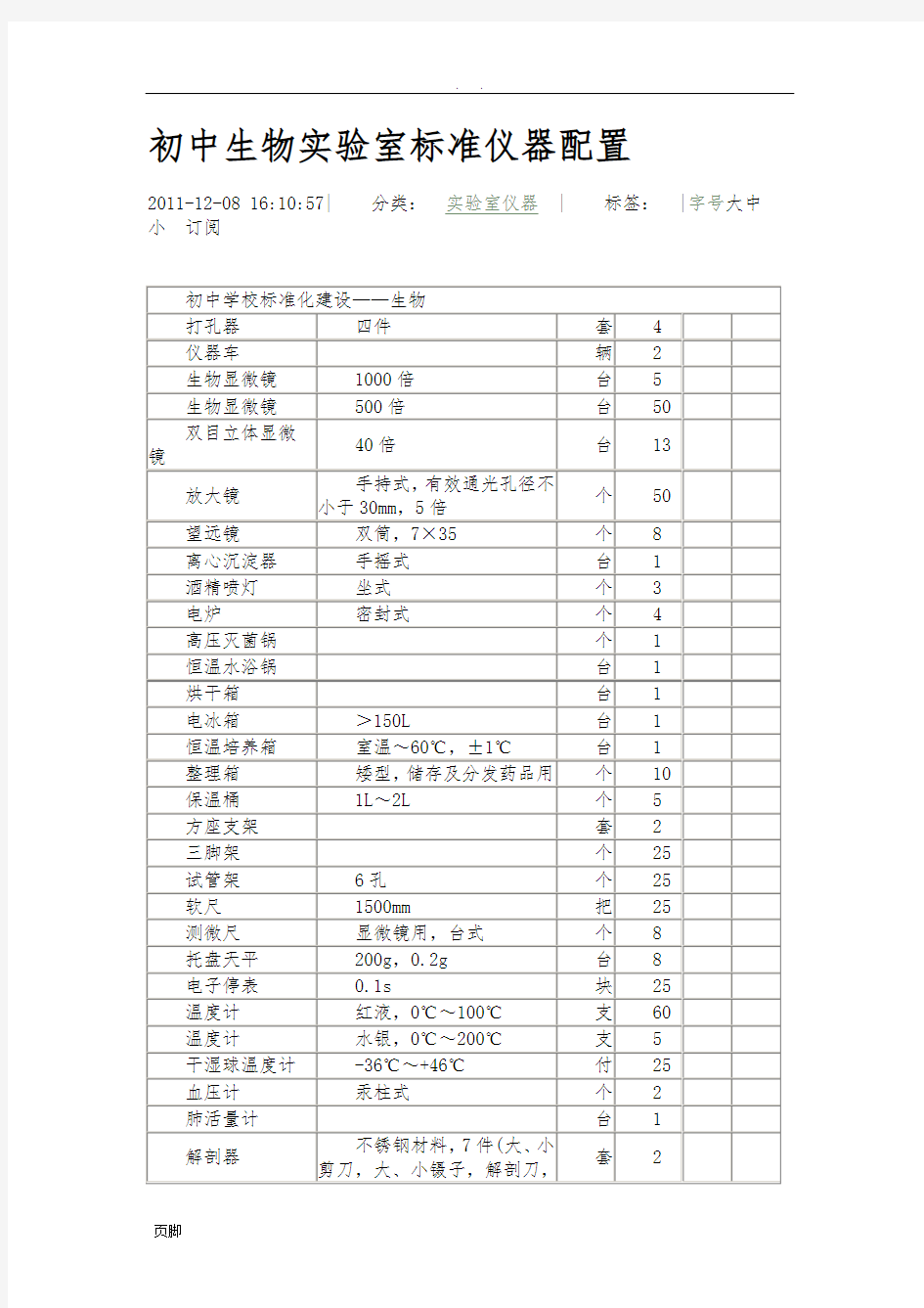 初中生物实验室标准仪器配置