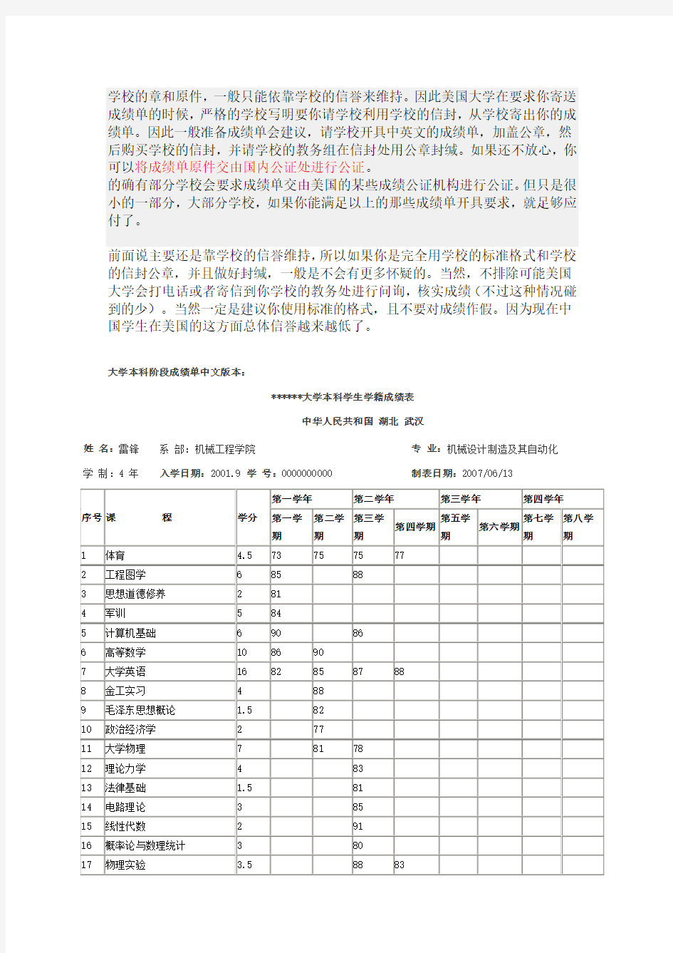 成绩单模板