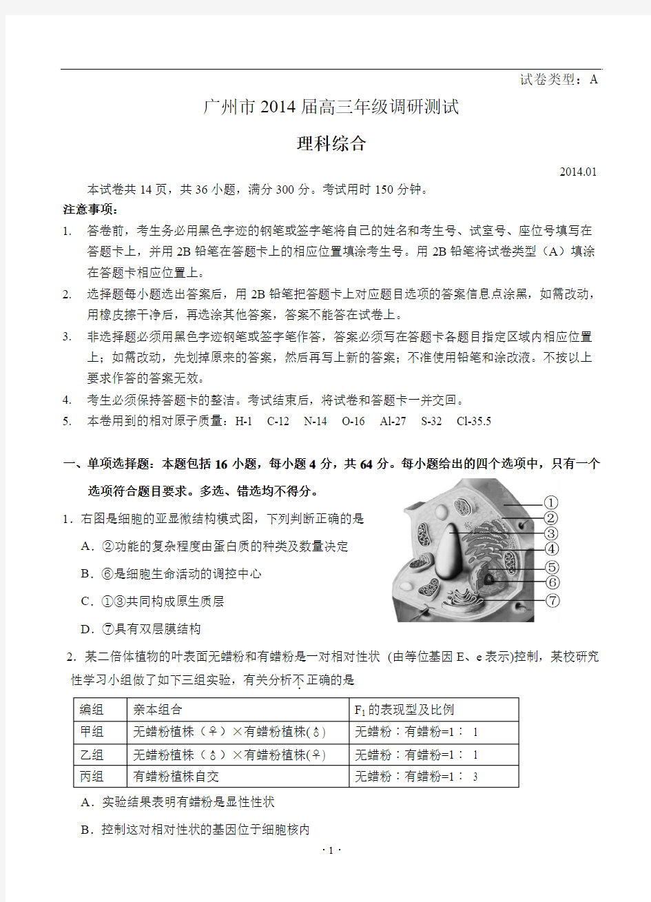 广东省广州市2014届高三1月调研测试理科综合试题