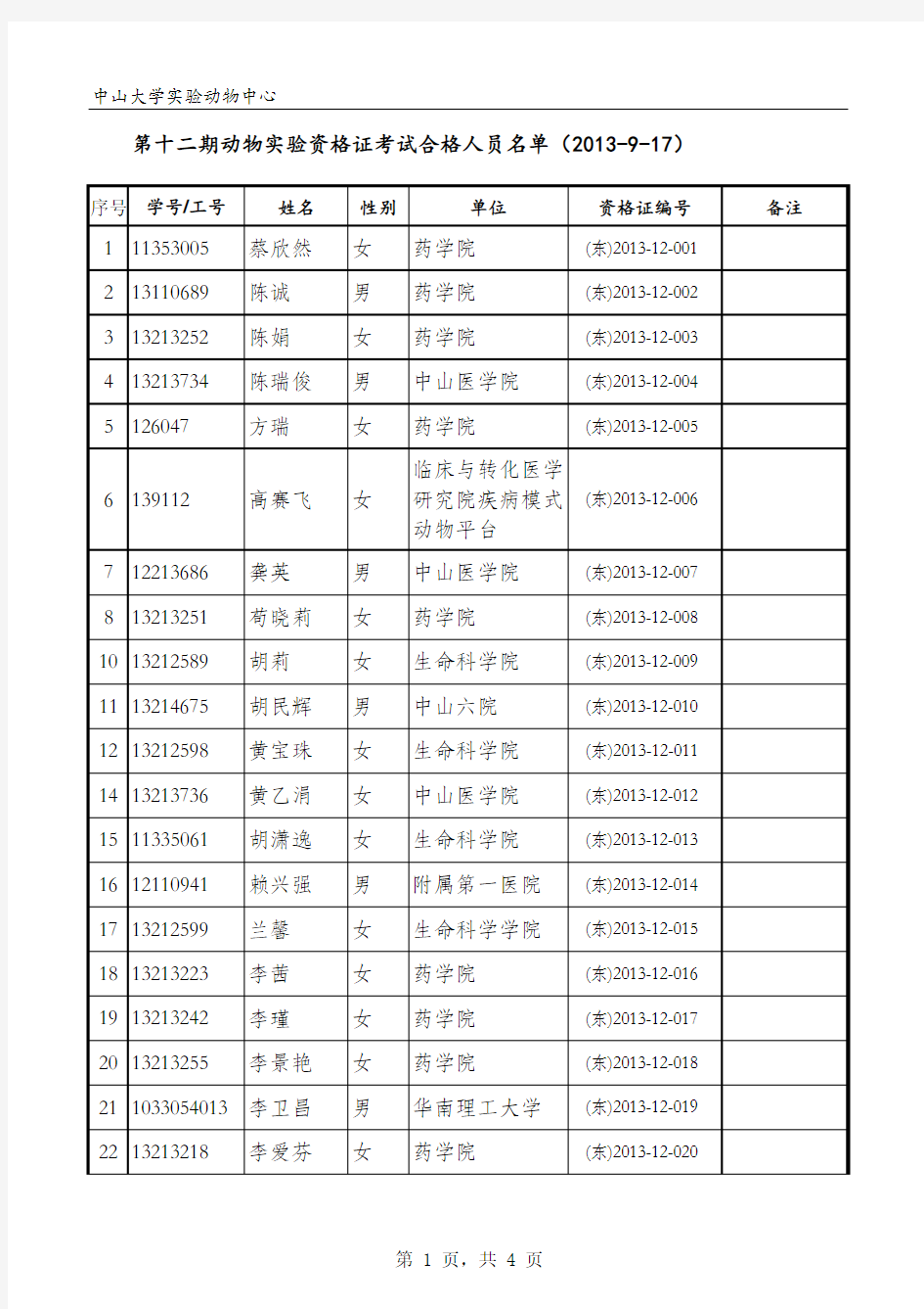 中山大学实验动物中心 学号 (东)2013-12-001 (东)2013-12 …