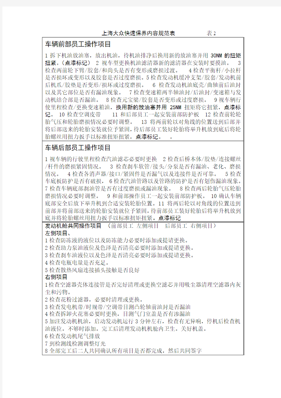 上海大众保养内容规范表